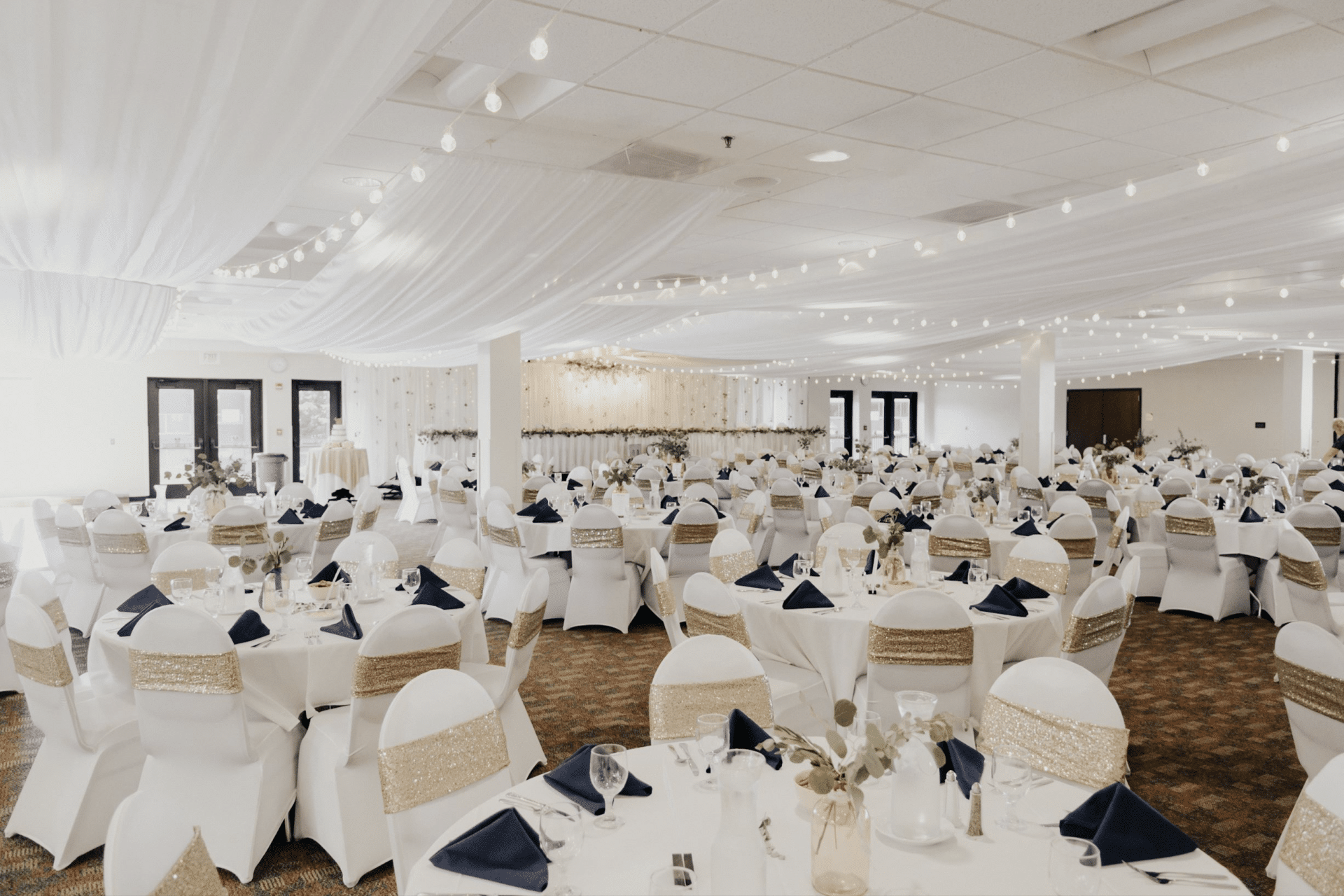 Gold Chair Covers and Ceiling Draping