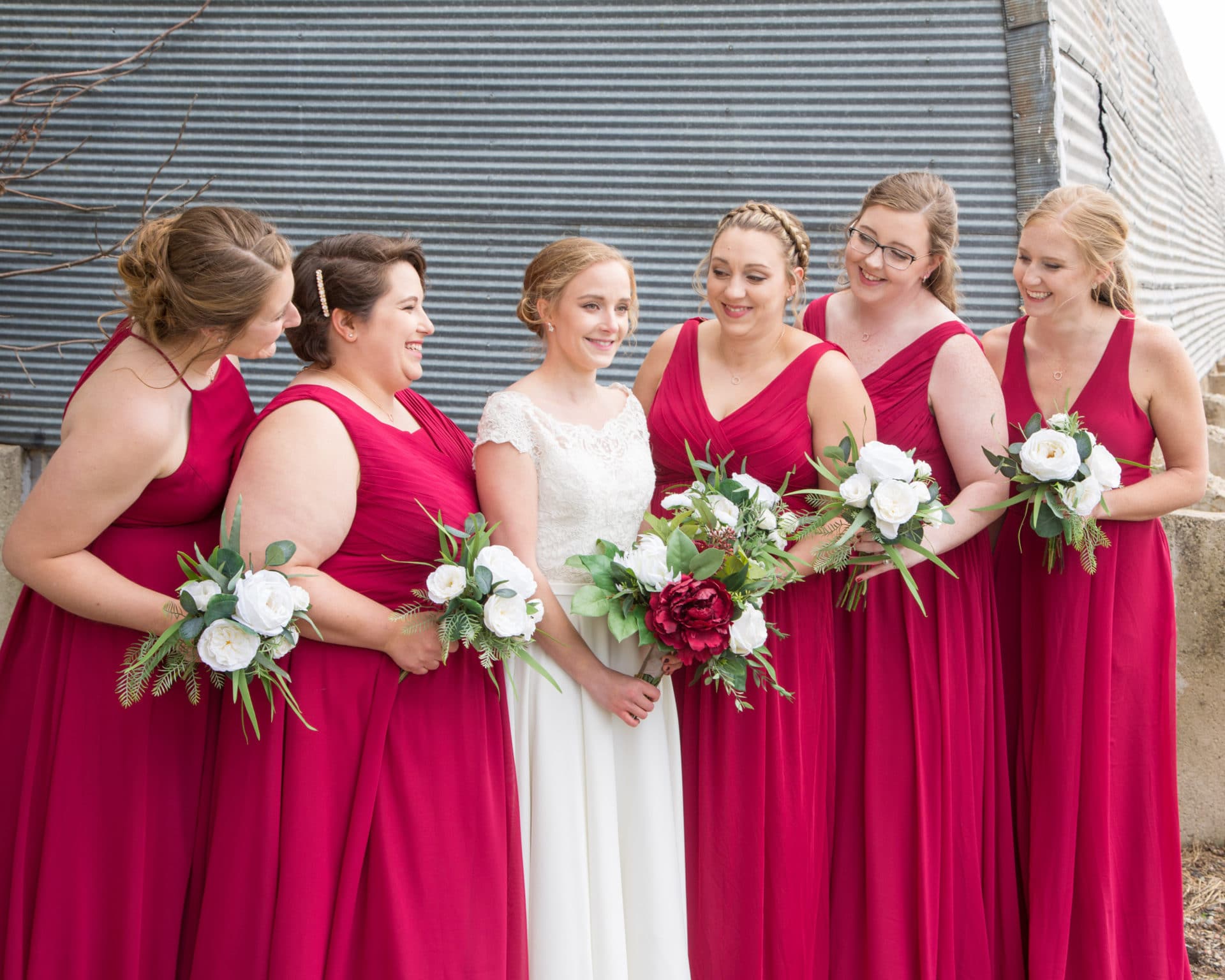 Bridesmaids in Red with Classic Green Bouquet