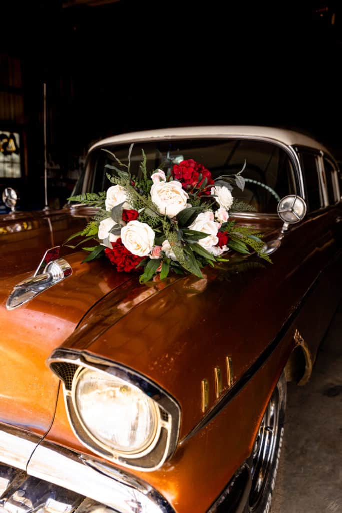 Red and Pink Silk Bouquet on Model Car