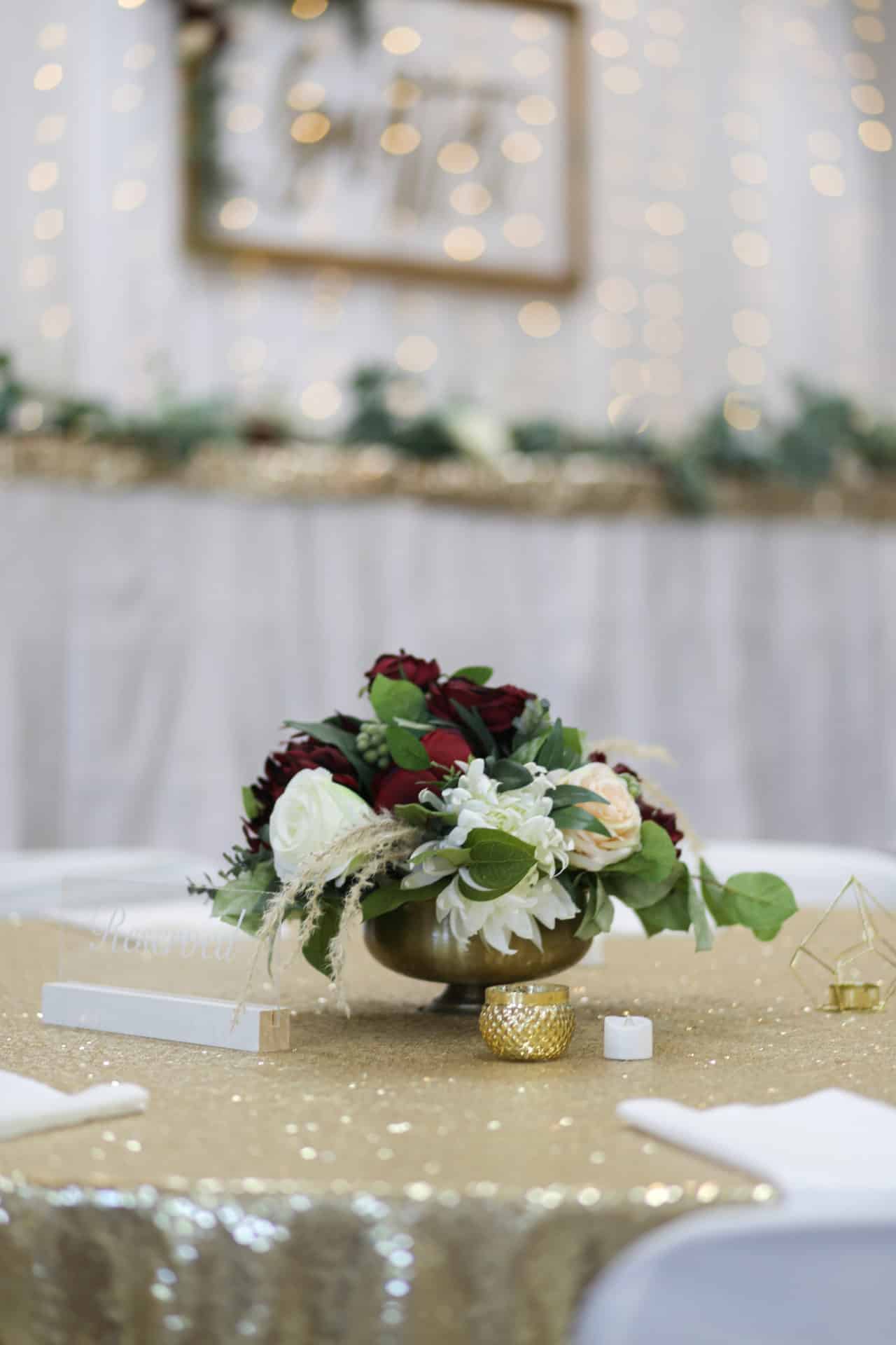 Maroon and White Flower Vase Centerpiece with Pampas