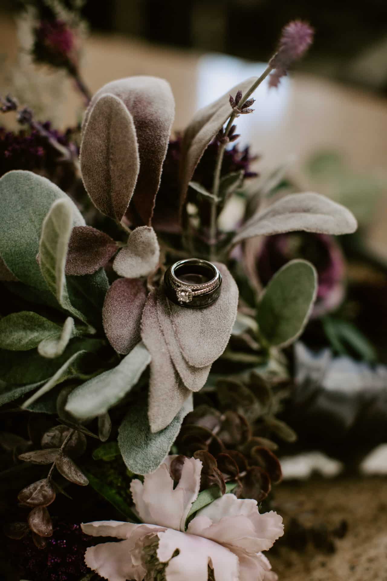 Ring Detail Shot with Purple Moody Flowers