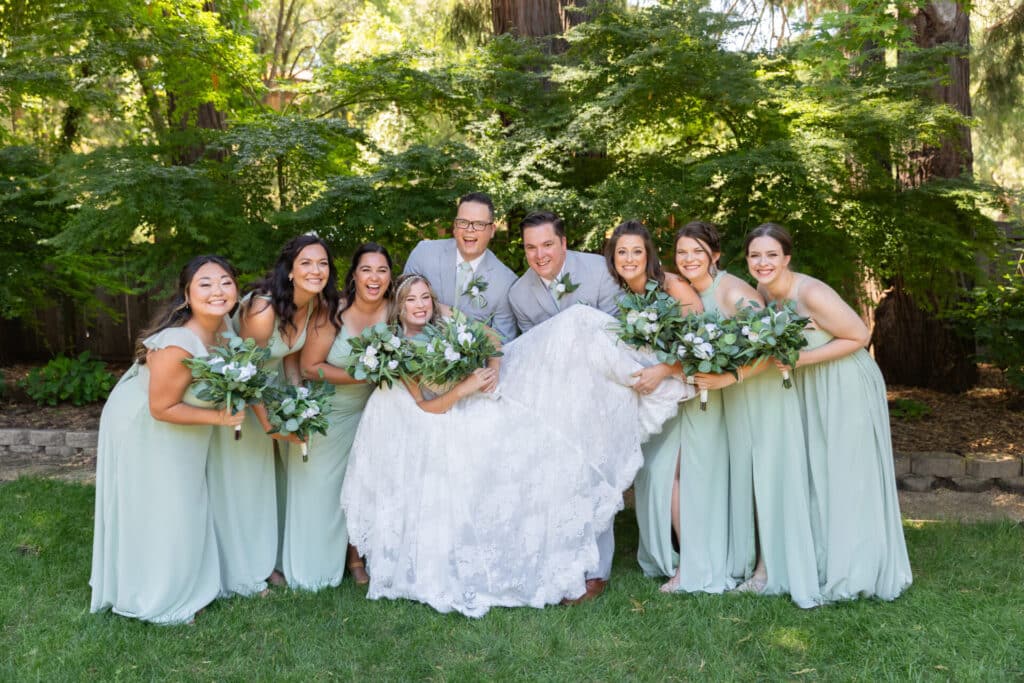 Sage Green Bridesmaid Dresses with Rosebud Bouquets