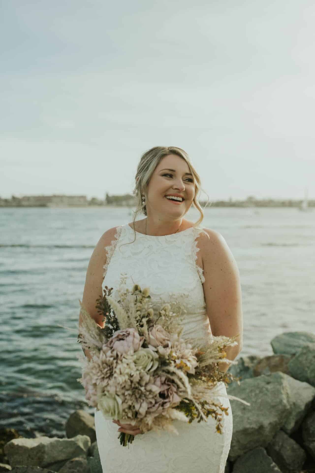 Bride on Shore with Boho Bouquet