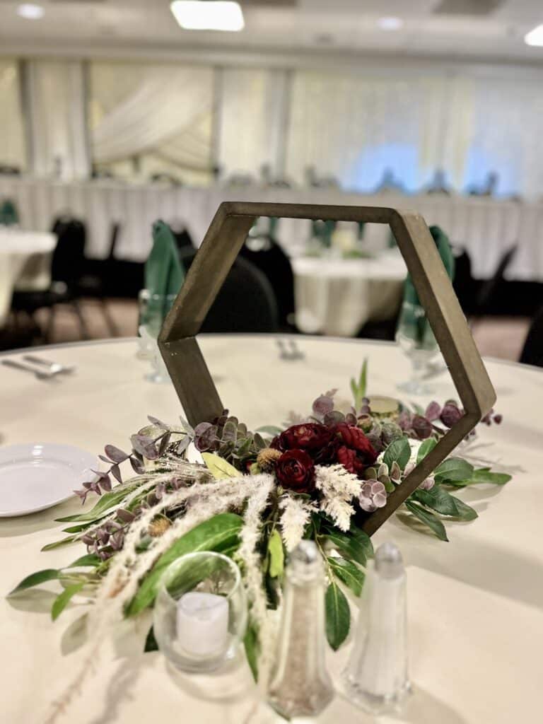 Wood Hexagon and Floral Swag Table Decor for Wedding Reception | Madeline Collection