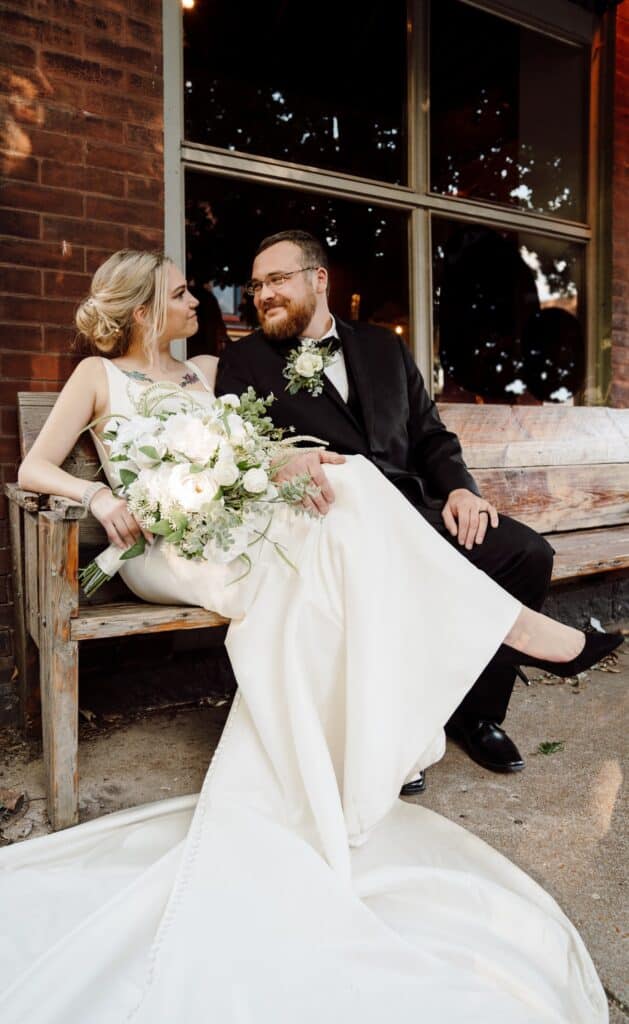 Bride and Groom on Bench